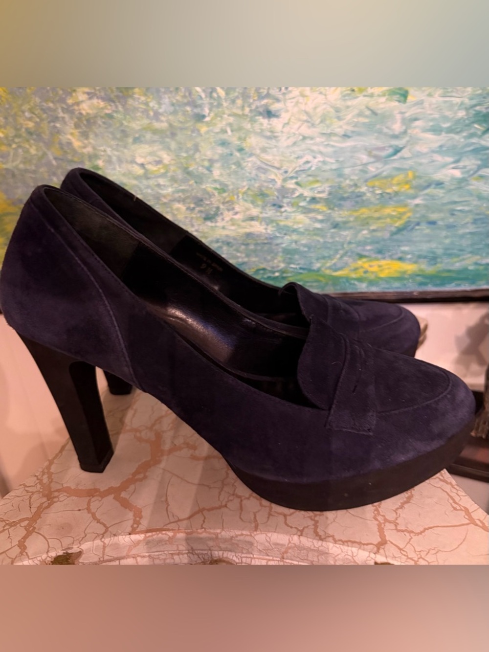 Andre Assous Navy Suede Platform Loafer Pumps